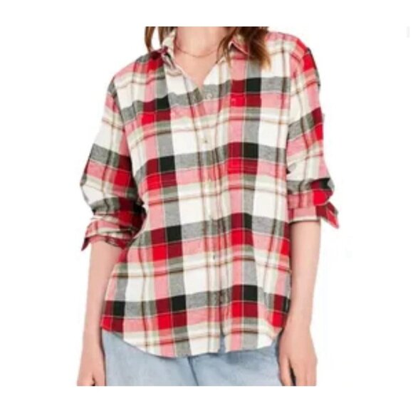 OLD NAVY Shirt Womens Medium Flannel Boyfriend Button Down Red Plaid Long Slv - Picture 1 of 7